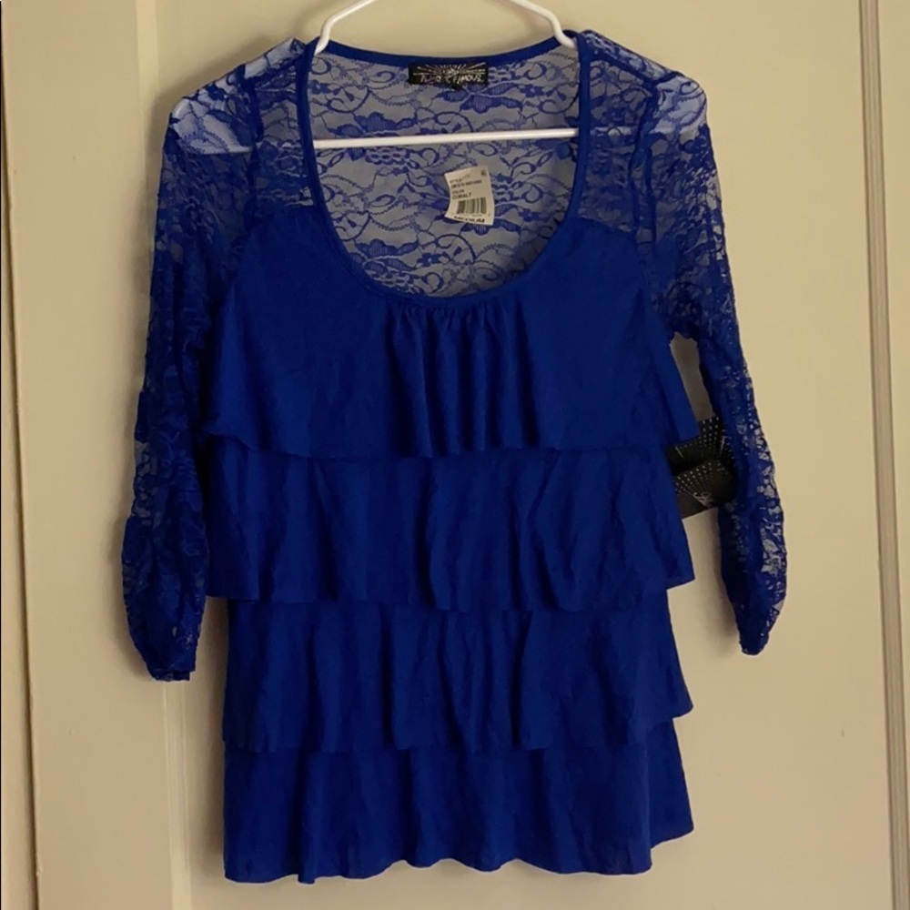 NWT Almost Famous blue laced ruffled top